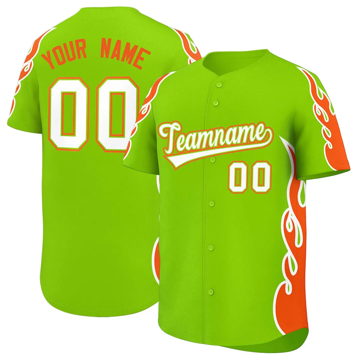 Neon Green Orange Side Flame Outline Basketball Jersey