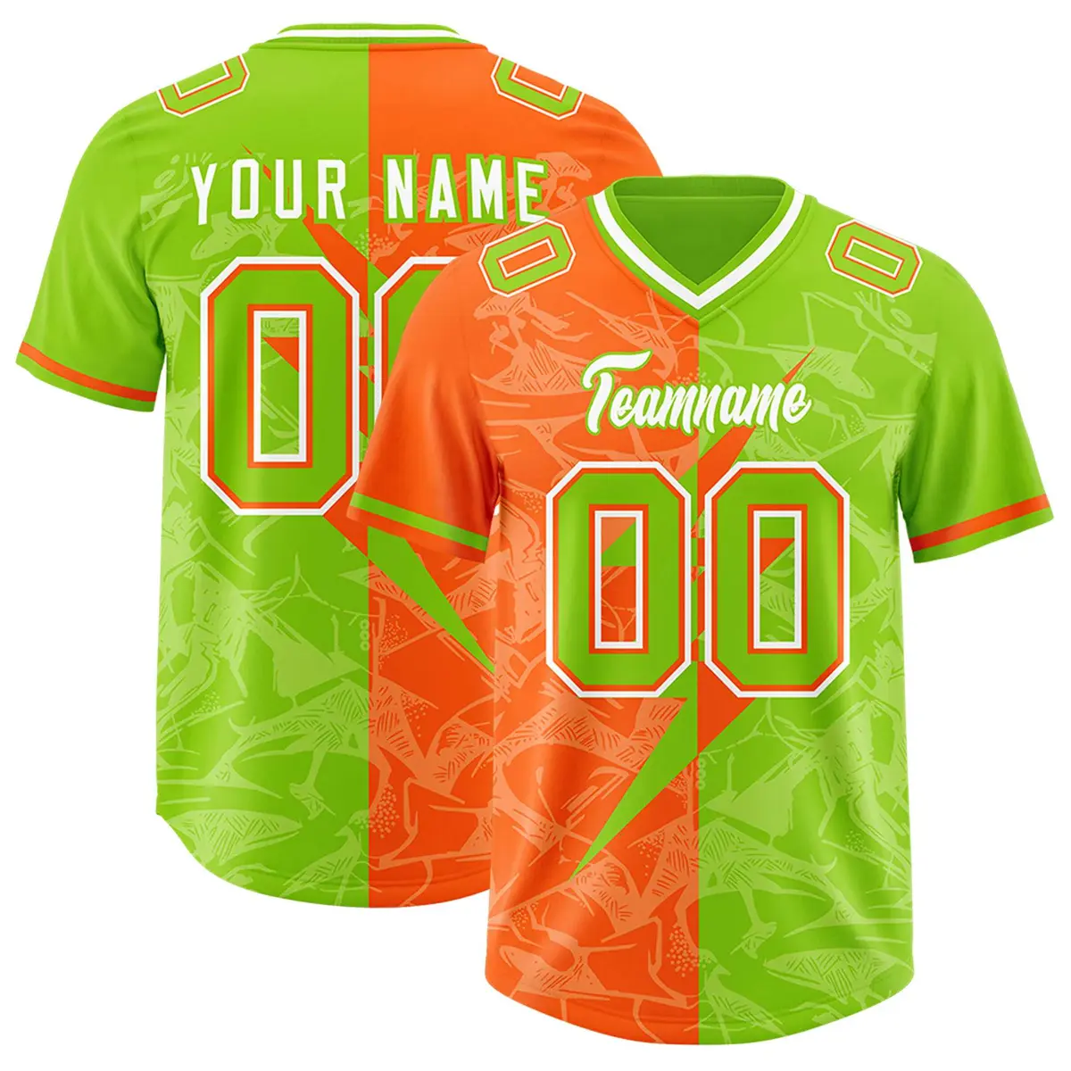 Neon Green Orange Split Lightning Pattern Football Jersey