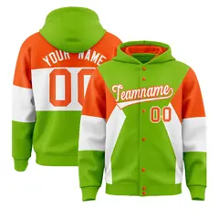 Neon Green Orange-White Color Block Varsity Full-Snap Letterman Jacket Hoodie