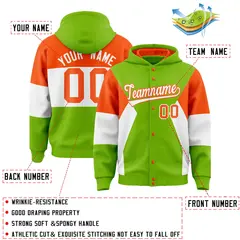Neon Green Orange-White Color Block Varsity Full-Snap Letterman Jacket Hoodie 4