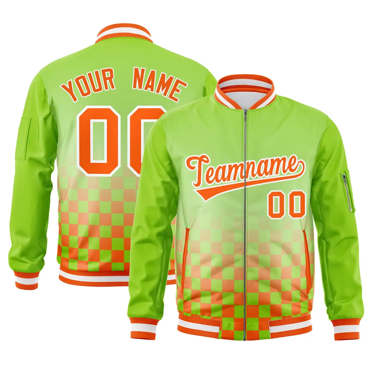 Neon Green Orange-White Grid Varsity Letterman Bomber Jacket