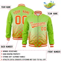 Neon Green Orange-White Grid Varsity Letterman Bomber Jacket 2