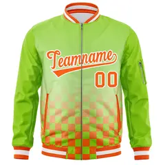 Neon Green Orange-White Grid Varsity Letterman Bomber Jacket 3
