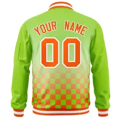 Neon Green Orange-White Grid Varsity Letterman Bomber Jacket 4