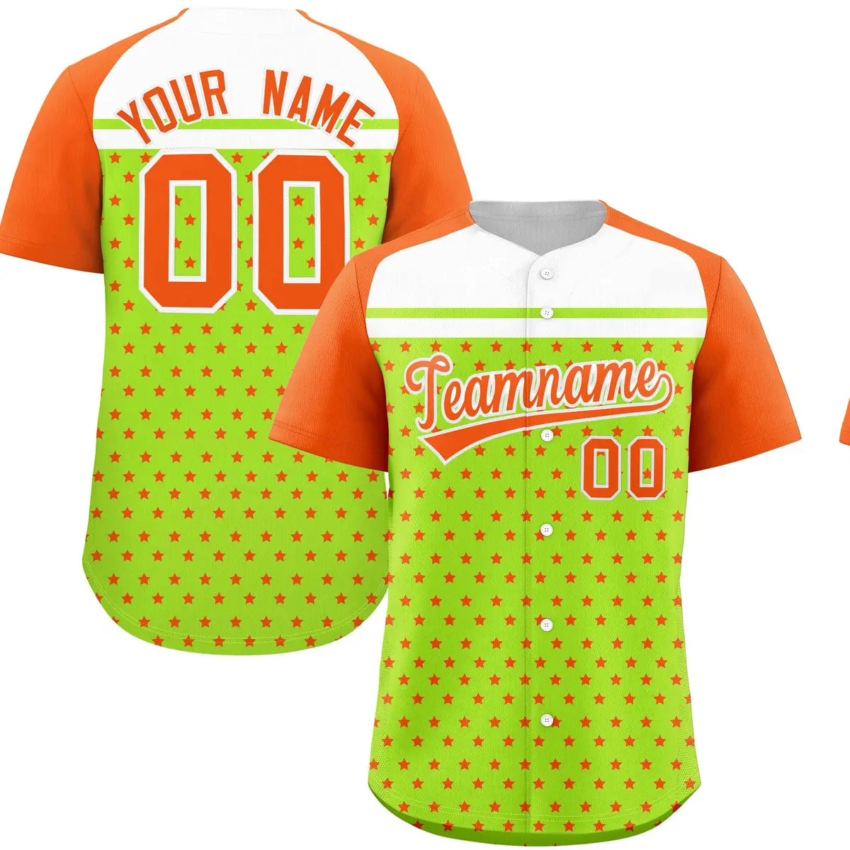 Neon Green Orange White Raglan Star Print Baseball Jersey
