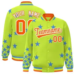 Neon Green Orange-White Star Graffiti Varsity Full-Snap Bomber Jacket 1