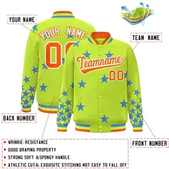 Neon Green Orange-White Star Graffiti Varsity Full-Snap Bomber Jacket 2
