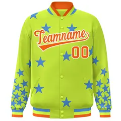 Neon Green Orange-White Star Graffiti Varsity Full-Snap Bomber Jacket 3