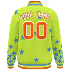 Neon Green Orange-White Star Graffiti Varsity Full-Snap Bomber Jacket 4