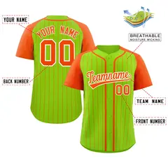 Neon Green Orange-White Stripe Raglan Baseball Jersey 2