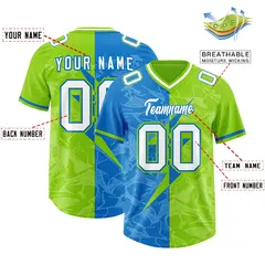 Neon Green Panther Blue Split Lightning Pattern Football Jersey 2