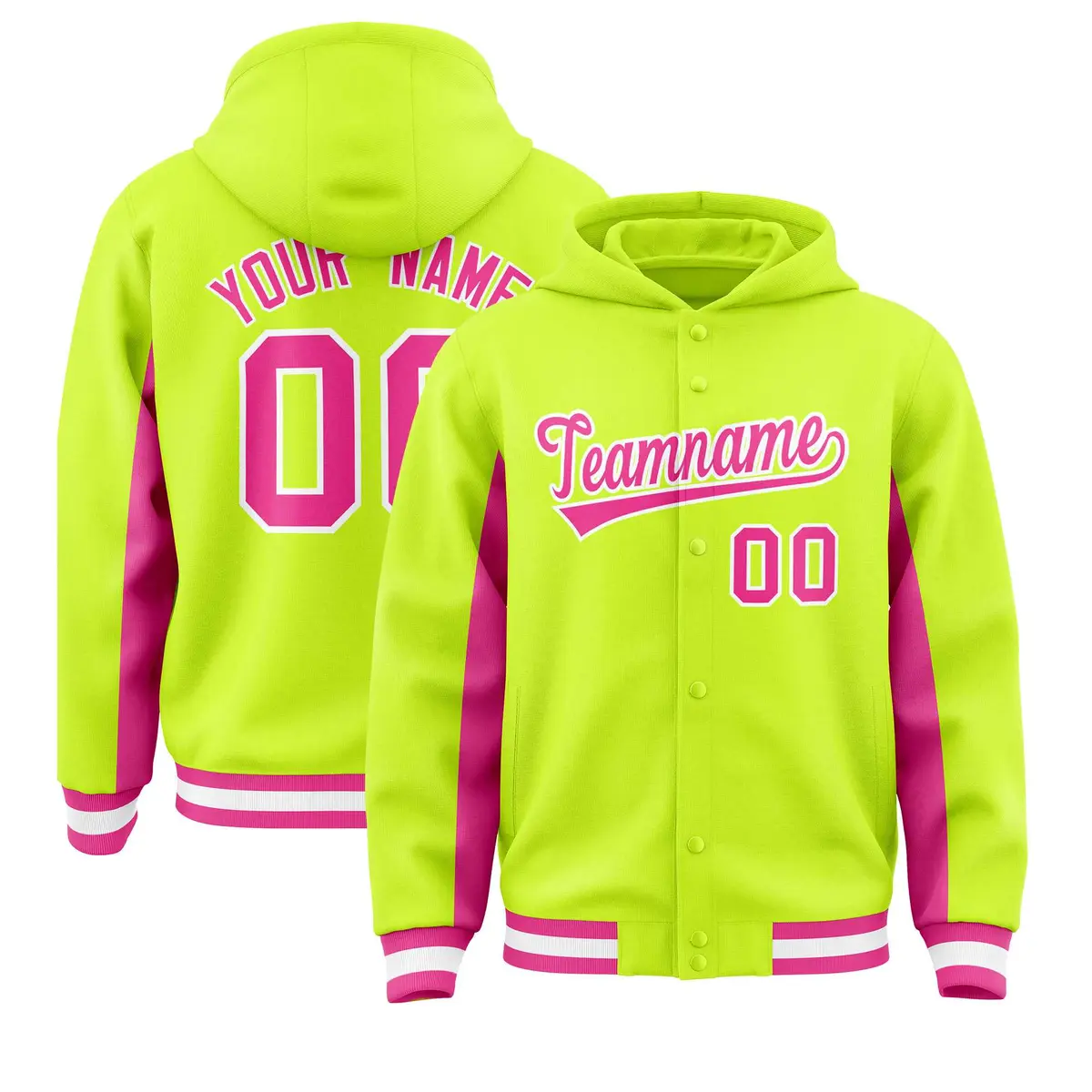 Neon Green Pink Color Block Varsity Letterman Jacket Hoodie