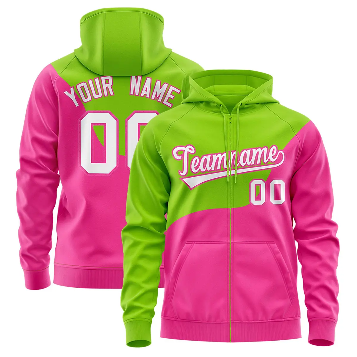 Neon Green Pink Color Block Wave Varsity Full-Zip Letterman Hoodie Jacket