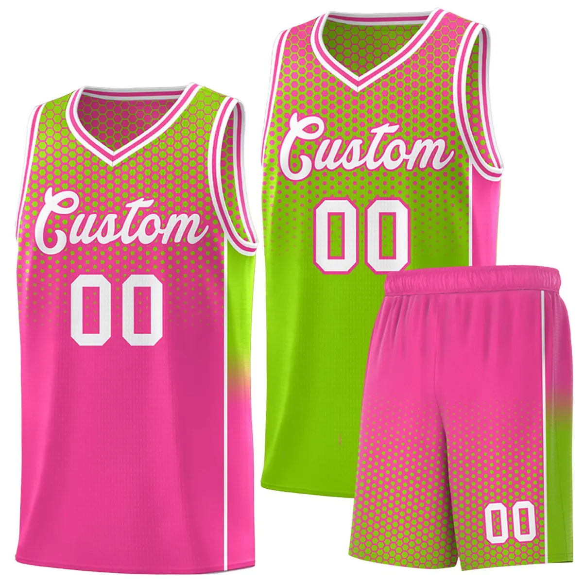 Neon Green Pink Dot Pattern Reversible Side Gradient Basketball Jersey Kits