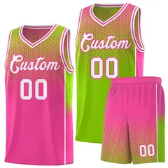Neon Green Pink Dot Pattern Reversible Side Gradient Basketball Jersey Kits