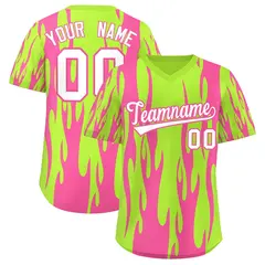 Neon Green Pink Flame Pattern Pullover Baseball Jersey 1