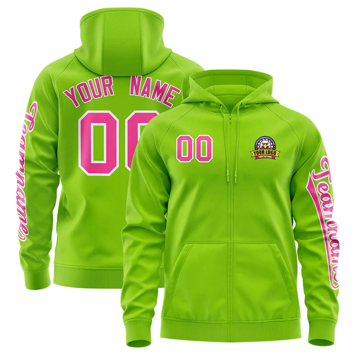 Neon Green Pink Full-Zip Varsity Letterman Jacket Hoodie