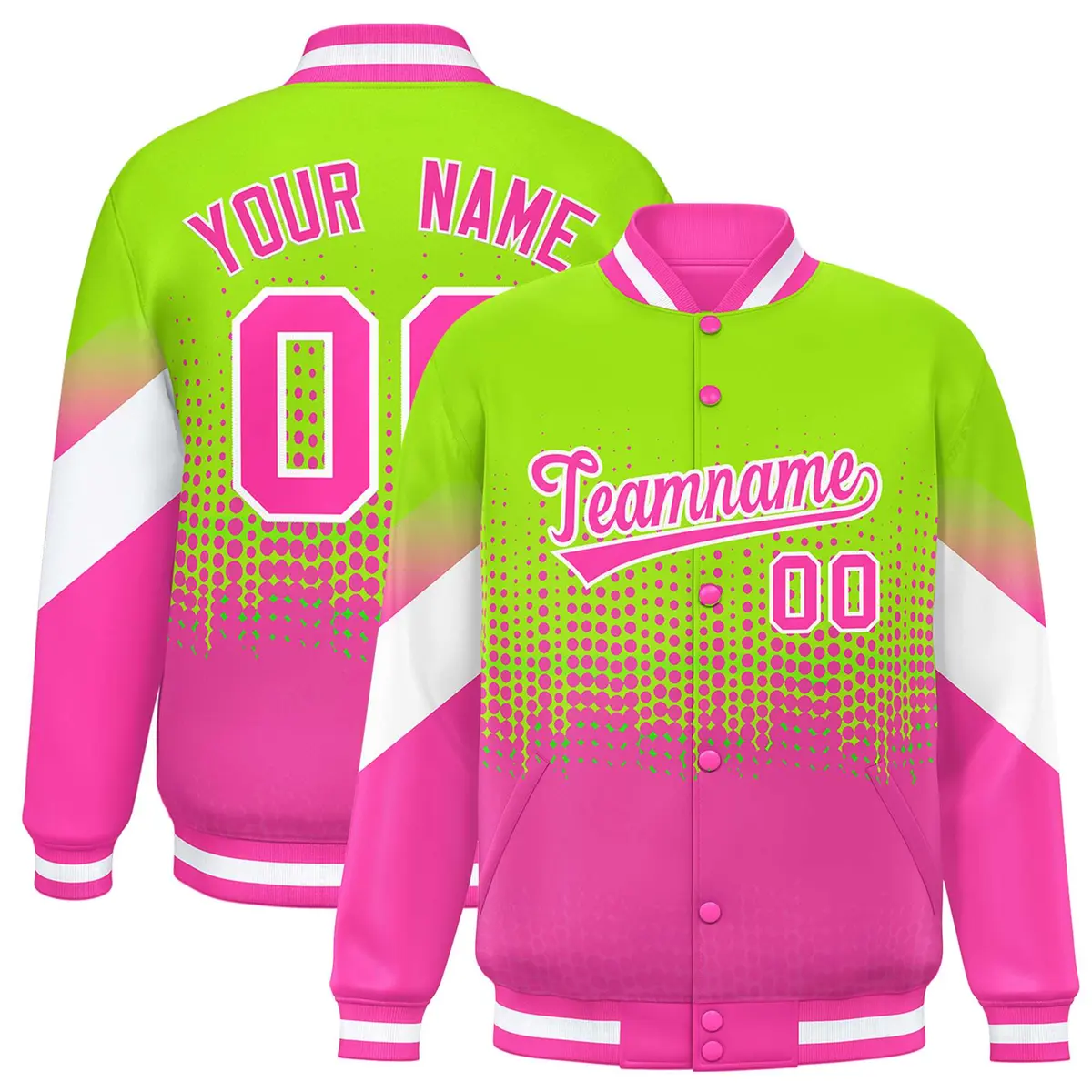 Neon Green Pink Gradient Polka Dot Varsity Full-Snap Letterman Baseball Jacket