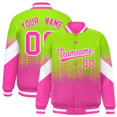 Neon Green Pink Gradient Polka Dot Varsity Full-Snap Letterman Baseball Jacket