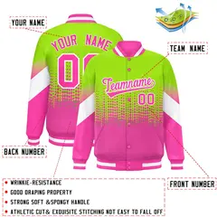 Neon Green Pink Gradient Polka Dot Varsity Full-Snap Letterman Baseball Jacket 2