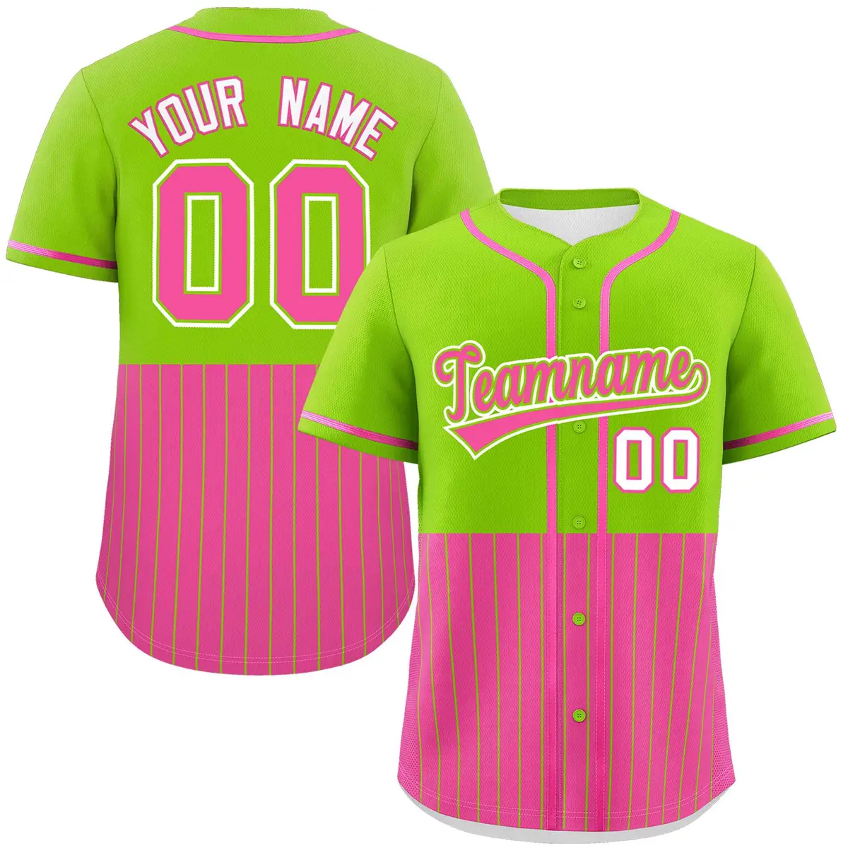 Neon Green Pink Half Stripe Authentic Baseball Jersey