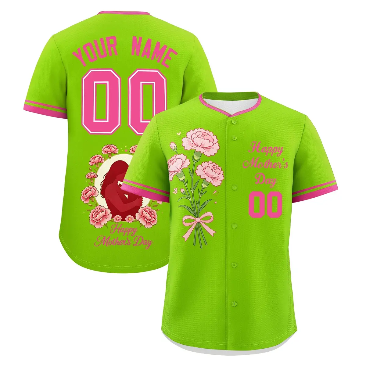 Neon Green Pink Mother's Day Baseball Jersey