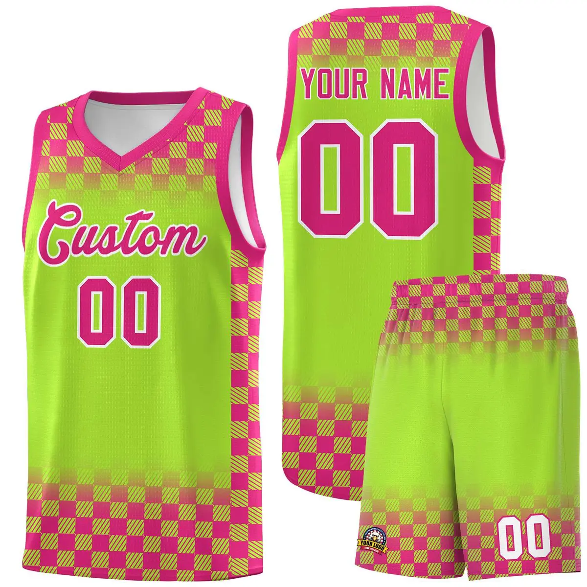 Neon Green Pink Plaid Basketball Jersey for Teams
