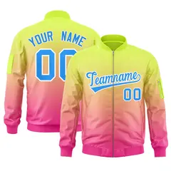 Neon Green Pink-Powder Blue Gradient Varsity Letterman Bomber Jacket
