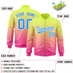Neon Green Pink-Powder Blue Gradient Varsity Letterman Bomber Jacket 2