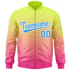 Neon Green Pink-Powder Blue Gradient Varsity Letterman Bomber Jacket 3