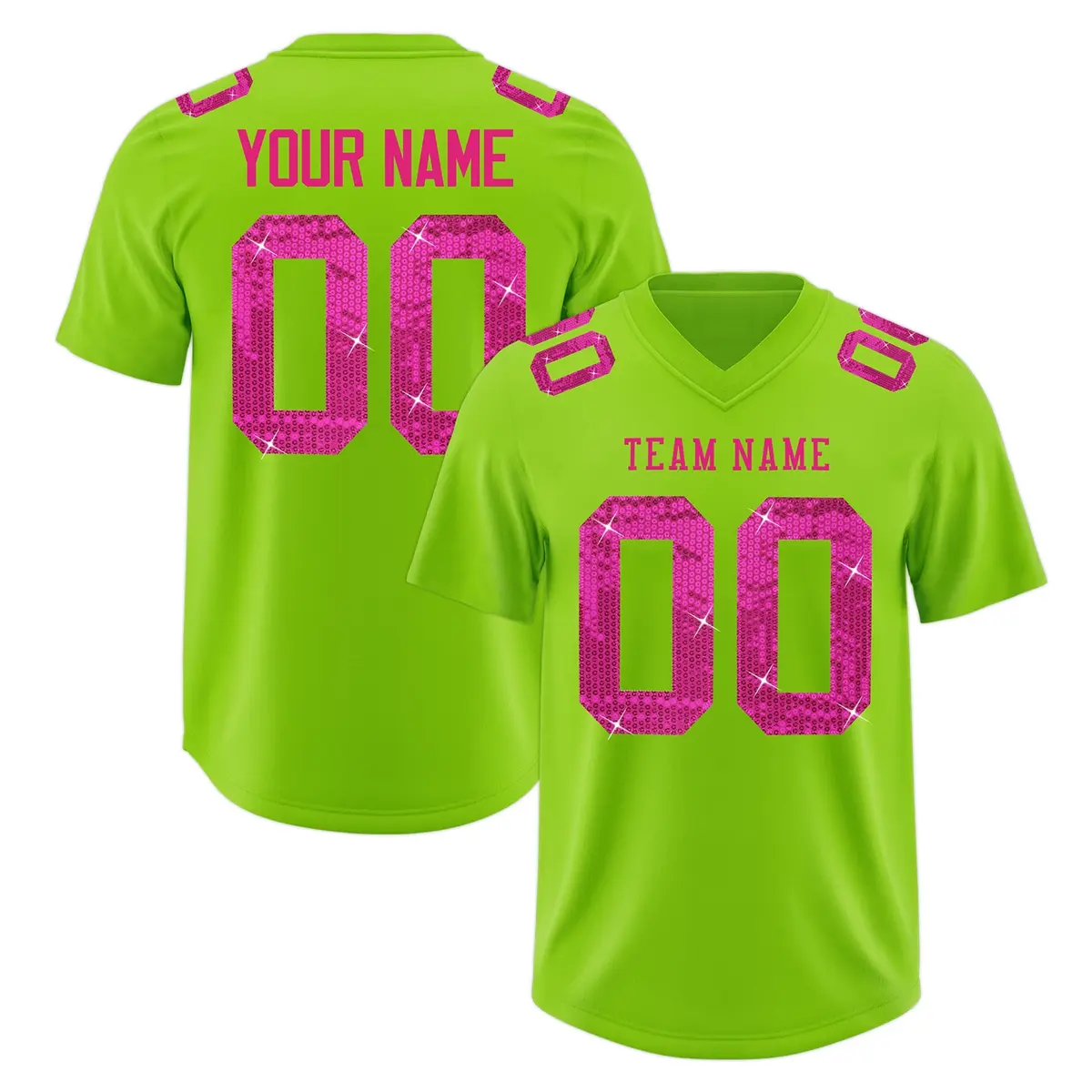 Neon Green Pink Sequin Lettering Stretch Fabric Football Jersey