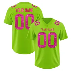 Neon Green Pink Sequin Lettering Stretch Fabric Football Jersey 1