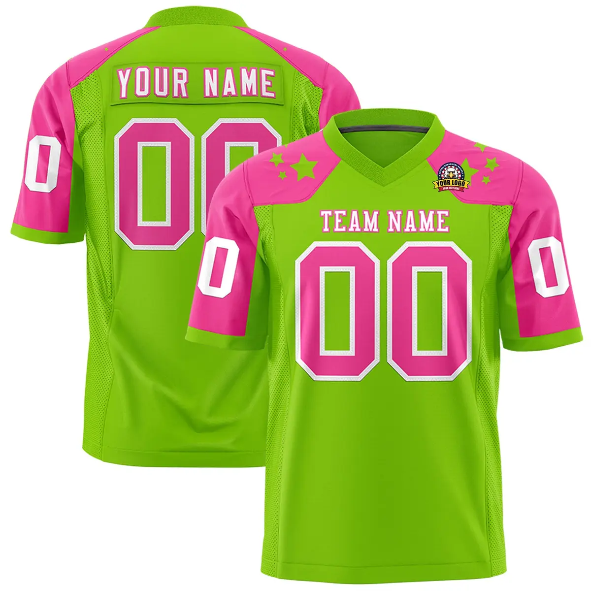 Neon Green Pink Shoulder Star Pattern Flag Football Jersey