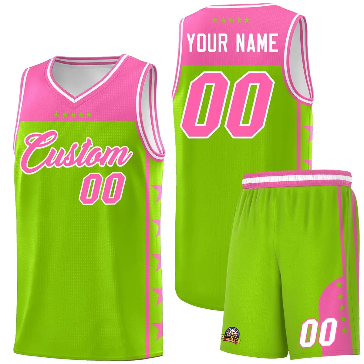 Neon Green Pink Star Pattern Basketball Jersey