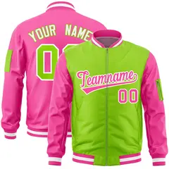 Neon Green Pink Two-Tone Full-Zip Varsity Letterman Bomber Jacket