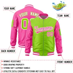 Neon Green Pink Two-Tone Full-Zip Varsity Letterman Bomber Jacket 2