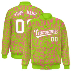 Neon Green Pink Varsity Full-Snap Leopard Graffiti Letterman Jacket