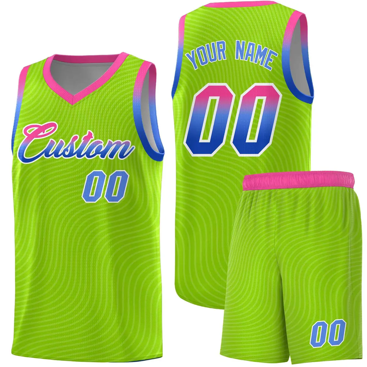 Neon Green Pink Wave Pattern Basketball Uniform Jersey