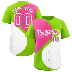 Neon Green Pink-White Color Block Half Heart Baseball Jersey 1
