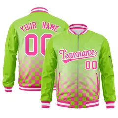 Neon Green Pink-White Grid Color Block Varsity Full-Zip Letterman Raglan Jacket
