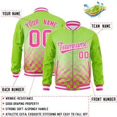 Neon Green Pink-White Grid Color Block Varsity Full-Zip Letterman Raglan Jacket 2