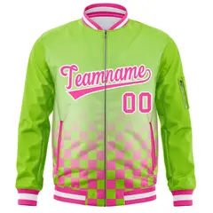 Neon Green Pink-White Grid Color Block Varsity Full-Zip Letterman Raglan Jacket 3