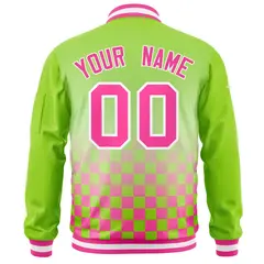 Neon Green Pink-White Grid Color Block Varsity Full-Zip Letterman Raglan Jacket 4