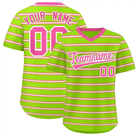 Neon Green Pink-White Horizontal Stripe Pullover Baseball Jersey