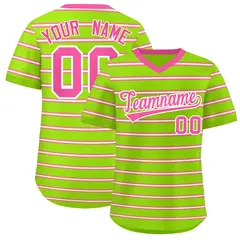 Neon Green Pink-White Horizontal Stripe Pullover Baseball Jersey 1
