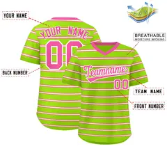 Neon Green Pink-White Horizontal Stripe Pullover Baseball Jersey 2