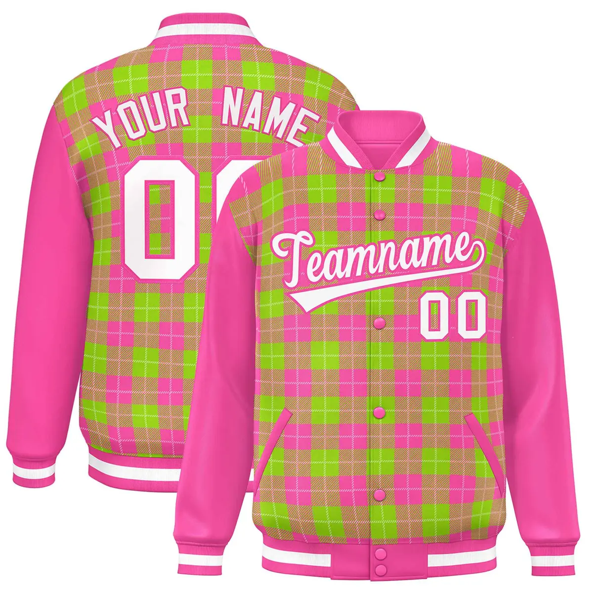 Neon Green Pink-White Plaid Varsity Letterman Baseball Jacket