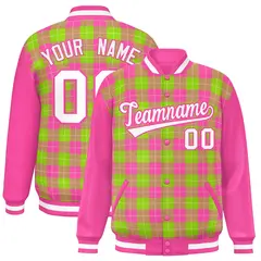 Neon Green Pink-White Plaid Varsity Letterman Baseball Jacket 1