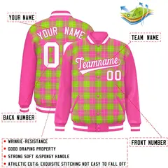 Neon Green Pink-White Plaid Varsity Letterman Baseball Jacket 2
