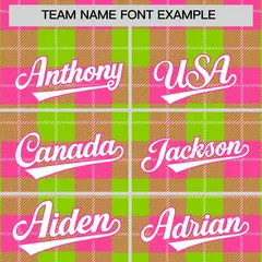 Neon Green Pink-White Plaid Varsity Letterman Baseball Jacket 3
